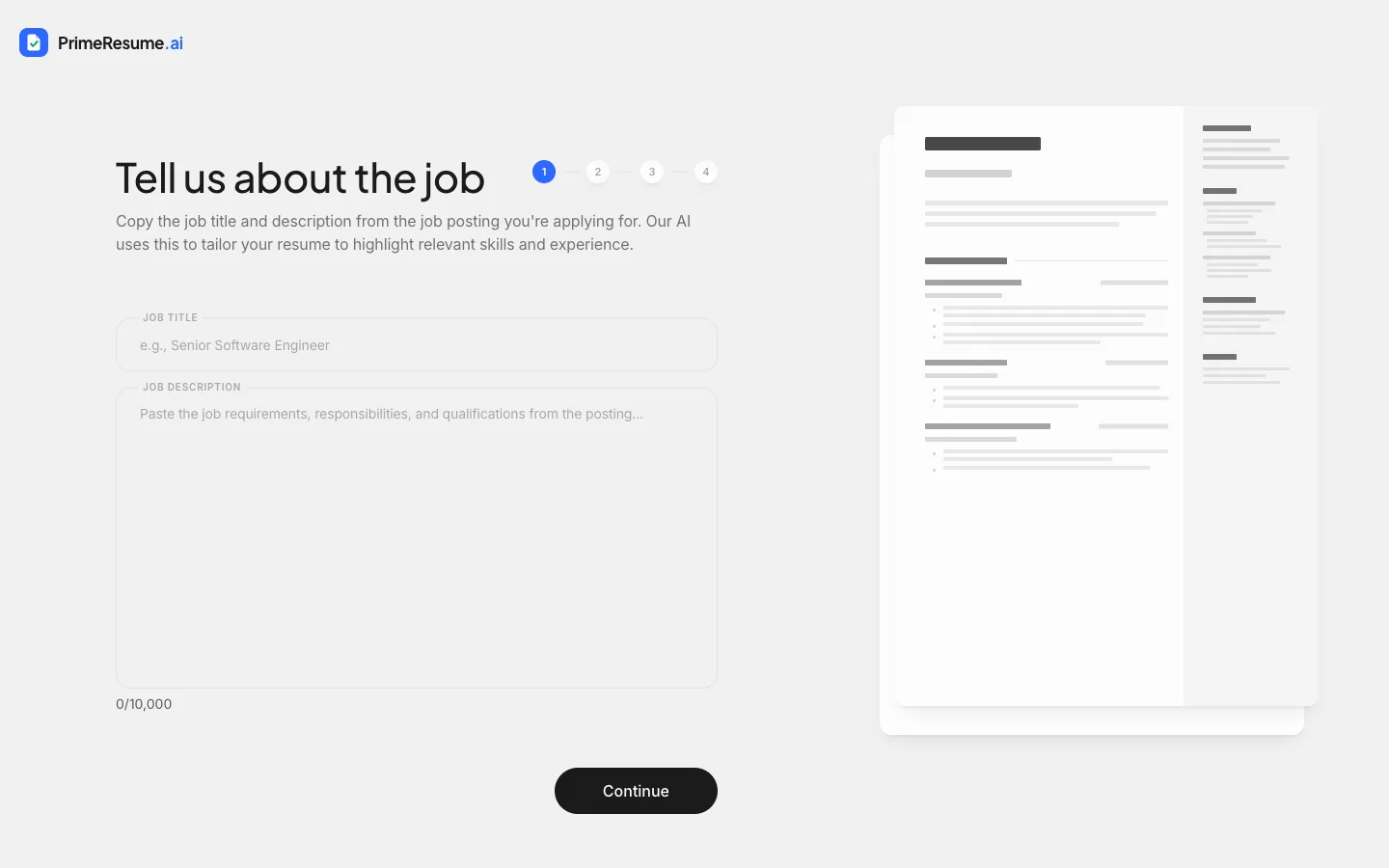 Шаг ввода в PrimeResume.ai: форма «Tell us about the job» с полями названия и описания вакансии, индикатор шагов с 1 по 4 и заготовка резюме рядом.