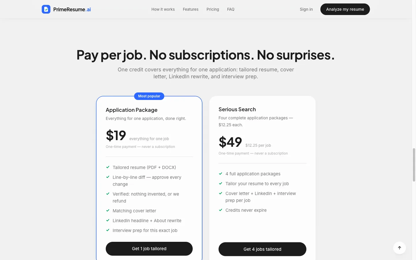 Цены PrimeResume.ai: заголовок «Pay per job. No subscriptions. No surprises.» над двумя карточками, Application Package за 19 $ с пометкой «Most popular» и пакет Serious Search за 49 $, в каждой перечислено содержимое пакета.